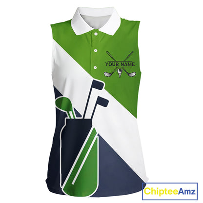 Green & Blue Golf Bag Womens Sleeveless Golf Polo Shirts Custom Golf Shirts, Golf Attire For Ladies NBT576
