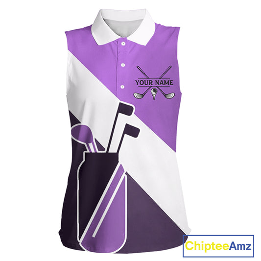 Purple Golf Bag Womens Sleeveless Golf Polo Shirts Custom Golf Shirts, Golf Attire For Ladies NBT577