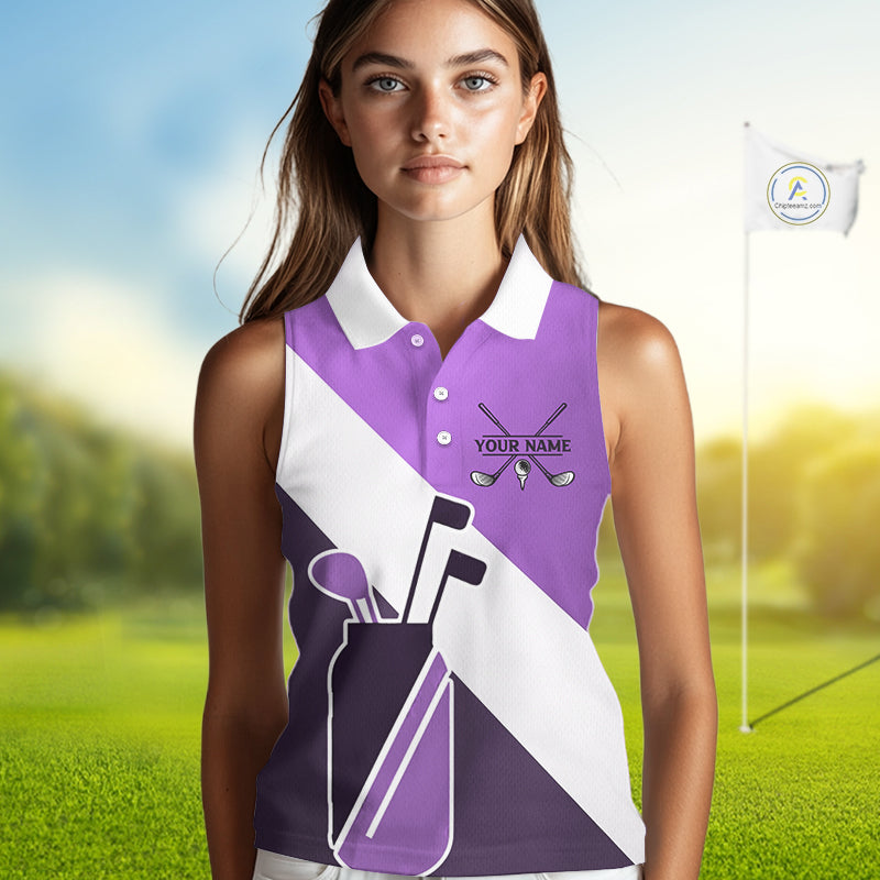 Purple Golf Bag Womens Sleeveless Golf Polo Shirts Custom Golf Shirts, Golf Attire For Ladies NBT577