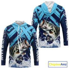 Load image into Gallery viewer, Bass Fishing Blue Camo Long Sleeve Hooded Fishing Shirts UV Protection, Bass Fishing Jerseys NBT460
