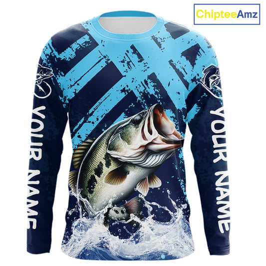 Bass Fishing Blue Camo Long Sleeve Fishing Shirts UV Protection, Bass Fishing Jerseys NBT460