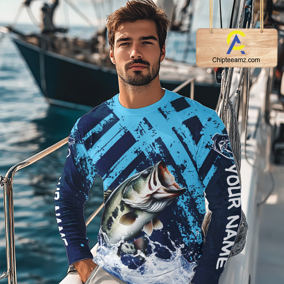 Bass Fishing Blue Camo Long Sleeve Fishing Shirts UV Protection, Bass Fishing Jerseys NBT460