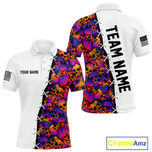 Colorful Skull American Flag Mens Polo Shirt  Front and Back View Custom Name Team Name