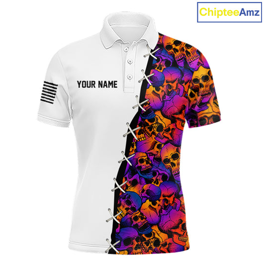 Colorful Skull American Flag Mens Polo Shirt Front View Custom Name