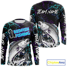 Load image into Gallery viewer, Front and back view of Redfish Fishing neon blue long sleeve saltwater fishing shirt with custom name