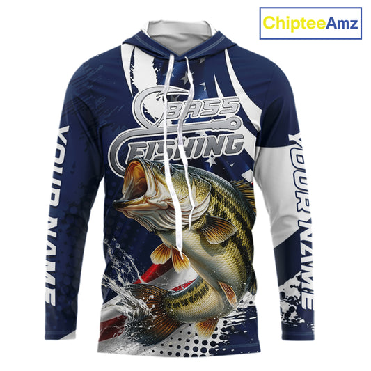 Bass Fishing American Flag Custom Long Sleeve Hooded Tournament Fishing Shirts, Patriotic Bass Fishing Jerseys NBT717