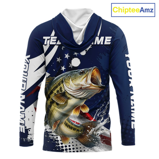 Bass Fishing American Flag Custom Long Sleeve Hooded Tournament Fishing Shirts, Patriotic Bass Fishing Jerseys NBT717
