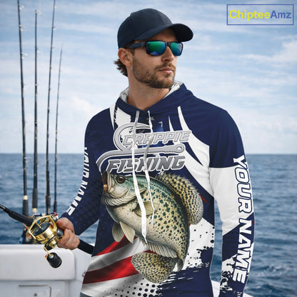 Crappie Fishing American Flag Custom Long Sleeve Hooded Tournament Fishing Shirts, Patriotic Crappie Fishing Jerseys NBT719