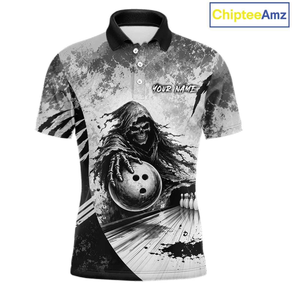 Custom Gray Camo Skeleton Grim Reaper Bowling Men Quarter-Zip Shirt, Halloween Bowling Jersey NBT911
