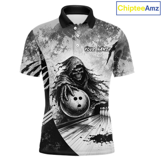 Front view of custom gray camo skeleton Grim Reaper bowling men’s polo shirt