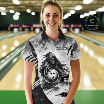 Custom Gray Camo Skeleton Grim Reaper Bowling Women Quarter-Zip Shirt, Halloween Bowling Jersey NBT911