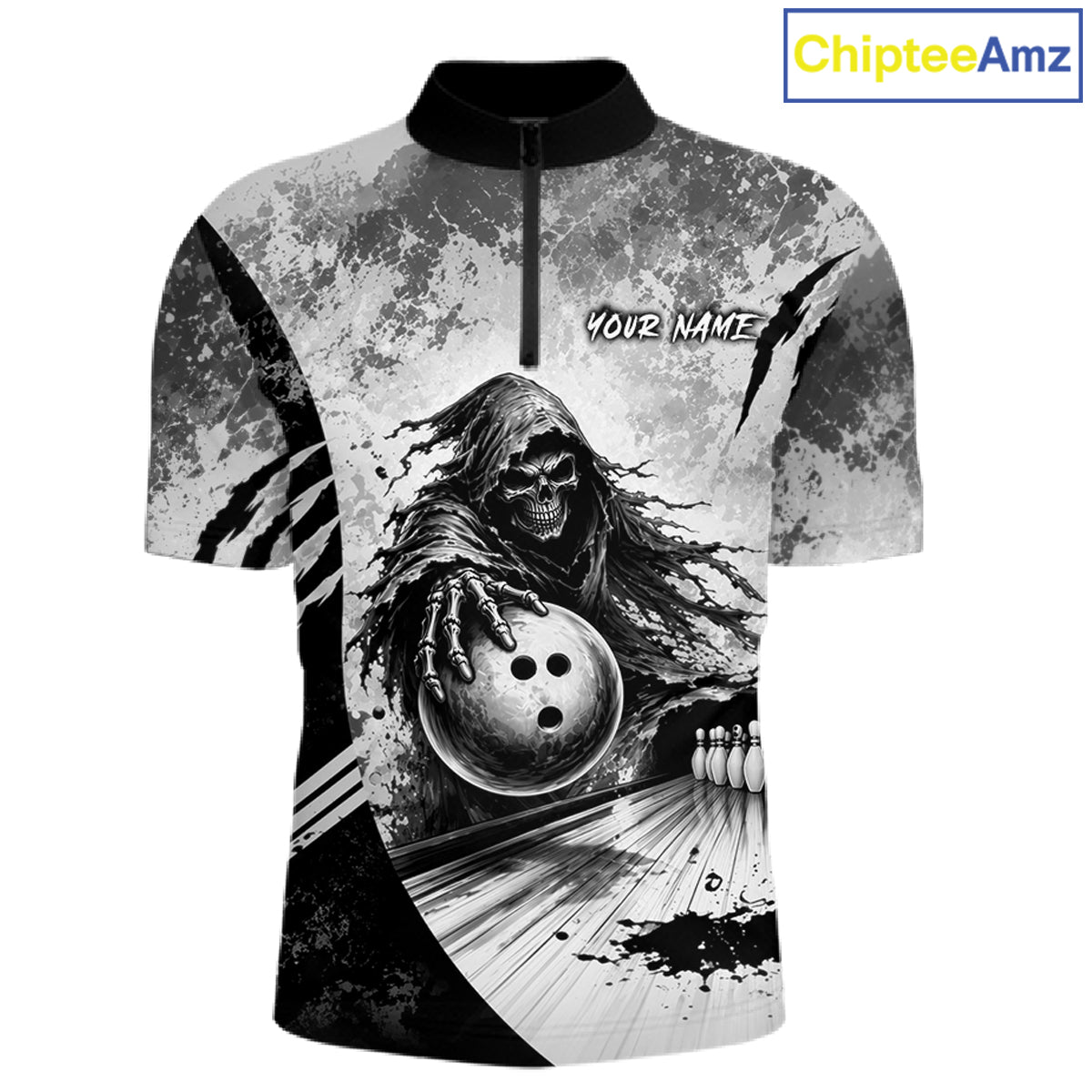Custom Gray Camo Skeleton Grim Reaper Bowling Men Quarter-Zip Shirt, Halloween Bowling Jersey NBT911