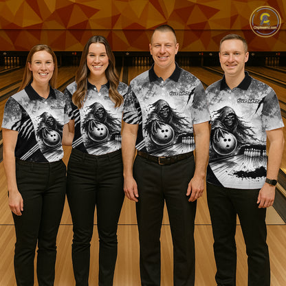 Custom Gray Camo Skeleton Grim Reaper Bowling Men Quarter-Zip Shirt, Halloween Bowling Jersey NBT911