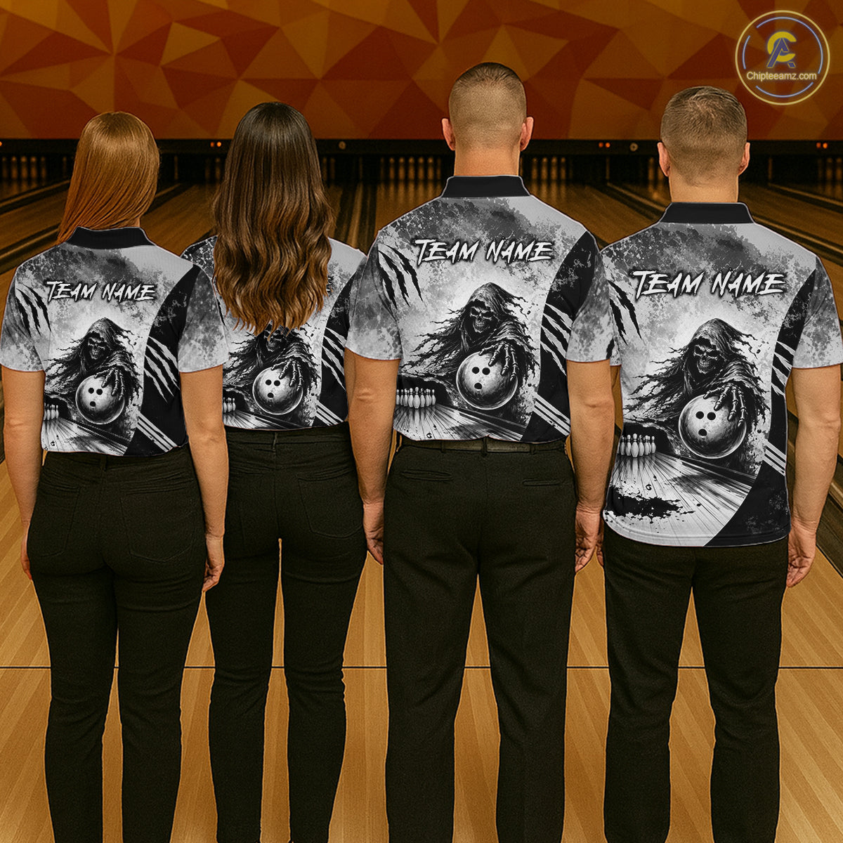 Custom Gray Camo Skeleton Grim Reaper Bowling Men Quarter-Zip Shirt, Halloween Bowling Jersey NBT911