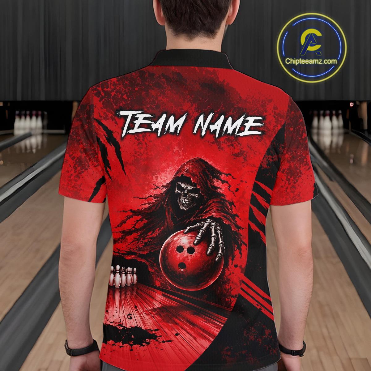 Custom Red Camo Skeleton Grim Reaper Bowling Men Quarter-Zip Shirt, Halloween Bowling Jersey NBT912