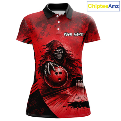 Custom Red Camo Skeleton Grim Reaper Bowling Women Quarter-Zip Shirt, Halloween Bowling Jersey NBT912