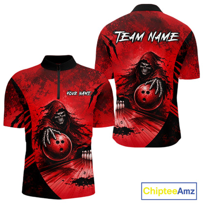 Custom Red Camo Skeleton Grim Reaper Bowling Men Quarter-Zip Shirt, Halloween Bowling Jersey NBT912