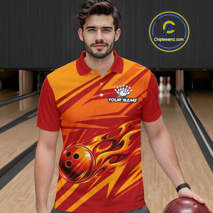 Red Orange Custom Flame Bowling Polo & 1/4 Quarter Zip Shirts For Men, Fire Bowling Team Jersey NBT982