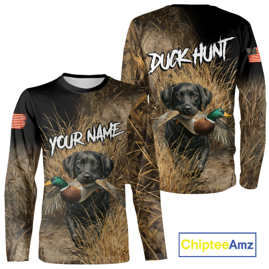 Custom Duck Hunting with Black Labrador Retriever US Flag Camo Shirts, Duck Hunting Clothes for Men NBT130