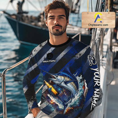 Marlin Fishing Custom Long Sleeve Fishing Shirts, Funny Beer Marlin Fishing Shirt NBT737