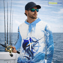 Load image into Gallery viewer, Angler wearing Sailfish long sleeve hooded fishing shirt custom sailfish fishing, breathable UPF 30+ long sleeve hooded fishing shirt on the boat