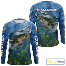 Load image into Gallery viewer, Front and back view Largemouth Bass Fishing Shirt personalized camo long sleeve UPF bass fishing jersey