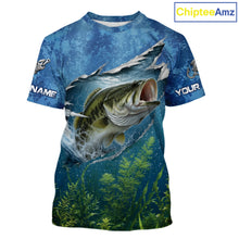 Load image into Gallery viewer, Front view of Personalized Bass Fishing Jersey custom camo bass fishing tournament T-Shirt, lightweight UPF 30+ fishing shirt with bass graphic and custom name 