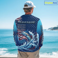 Load image into Gallery viewer, Back view American Flag Marlin Fishing Shirt personalized patriotic long sleeve  UPF