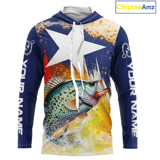 Custom Texas Flag Crappie Fishing Shirts, Funny Fishing Beer Shirts Long Sleeve Hooded For Team NBT617