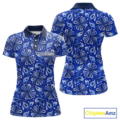 Womens Golf Polo Shirts Custom Name Blue Geometric Floral Pattern, Team Golf Shirt NBT512