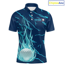Load image into Gallery viewer, Golf balls blue flame pattern men’s golf polo shirt – front view