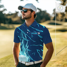 Load image into Gallery viewer, Blue flame golf balls pattern on men’s golf polo shirt