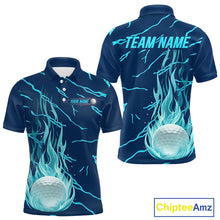 Load image into Gallery viewer, Golf balls blue flame pattern men’s golf polo shirt – back view