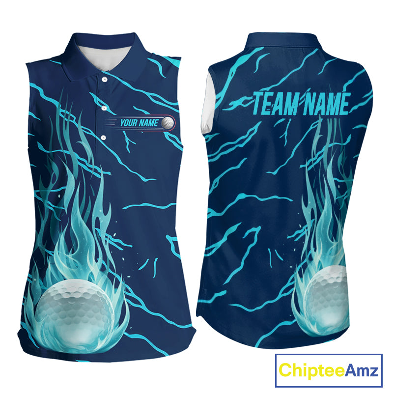 back view of green flame pattern womens sleeveless golf polo matching golf outfit