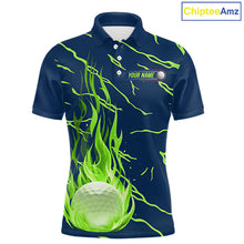 Load image into Gallery viewer, Golf balls green flame pattern men’s golf polo shirt – front view