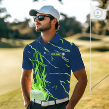 Load image into Gallery viewer, Green flame golf balls pattern on men’s golf polo shirt