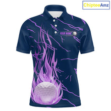 Load image into Gallery viewer, Golf balls purple flame pattern men’s golf polo shirt – front view