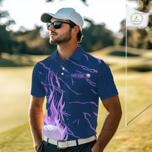 Load image into Gallery viewer, Purple flame golf balls pattern on men’s golf polo shirt