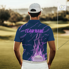 Load image into Gallery viewer, Purple flame golf balls pattern on men’s golf polo shirt