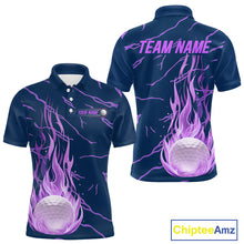 Load image into Gallery viewer, Golf balls purple flame pattern men’s golf polo shirt – back view