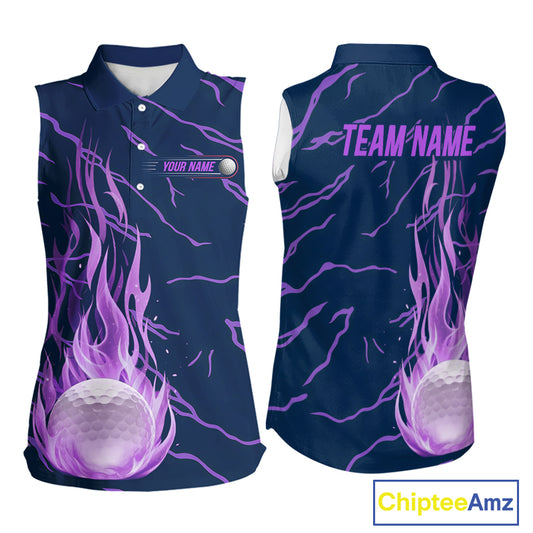 back view of purple flame pattern womens sleeveless golf polo matching golf outfit