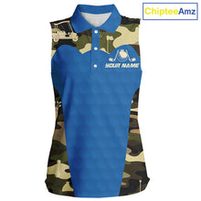 Load image into Gallery viewer, Blue Camo Womens Sleeveless Golf Polo Shirts Custom Golf Outfit For Ladies, Team Golf Shirts NBT632