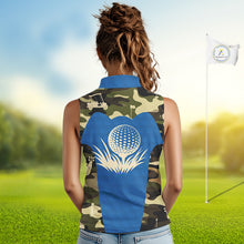 Load image into Gallery viewer, Blue Camo Womens Sleeveless Golf Polo Shirts Custom Golf Outfit For Ladies, Team Golf Shirts NBT632