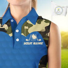 Load image into Gallery viewer, Blue Camo Womens Sleeveless Golf Polo Shirts Custom Golf Outfit For Ladies, Team Golf Shirts NBT632