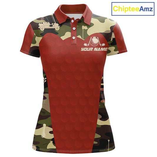 Red Camo Womens Golf Polo Shirts Custom Golf Outfit For Ladies, Team Golf Shirts NBT633