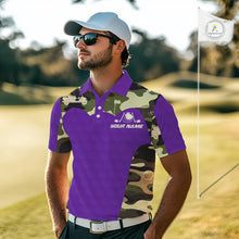 Load image into Gallery viewer, Purple Camo Mens Golf Polo Shirts Custom Golf Outfit For Mens, Team Golf Shirts NBT635