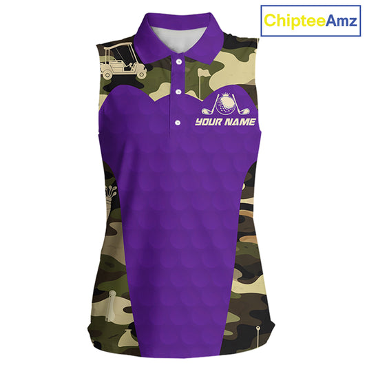 Purple Camo Womens Sleeveless Golf Polo Shirts Custom Golf Outfit For Ladies, Team Golf Shirts NBT635