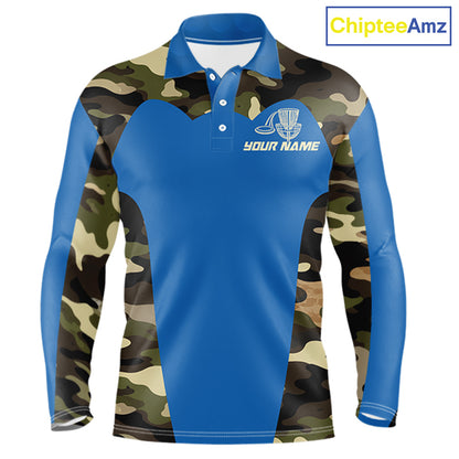 Mens Disc Golf Polo Shirt Custom Name Camo Disc Golf Basket, Personalized Disc Golf Shirts|Blue NBT640