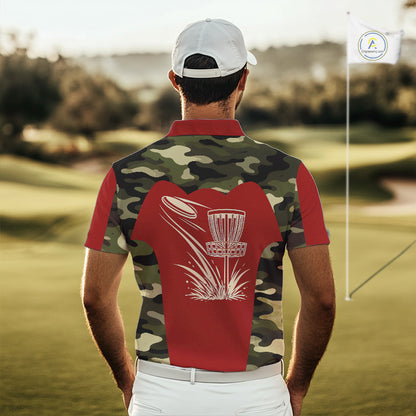 Mens Disc Golf Polo Shirt Custom Name Camo Disc Golf Basket, Personalized Disc Golf Shirts|Red NBT642