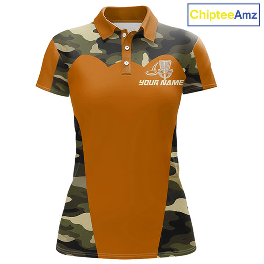 Womens Disc Golf Polo Shirt Custom Name Camo Disc Golf Basket, Personalized Disc Golf Shirts|Orange NBT644